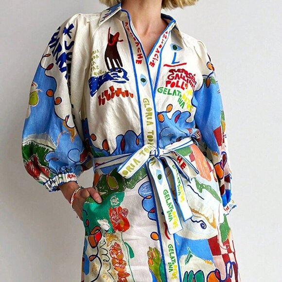 Dresses & Skirts - Multicolor Bohemian Women's Casual Printed Shirt Cardigan Tie Dress